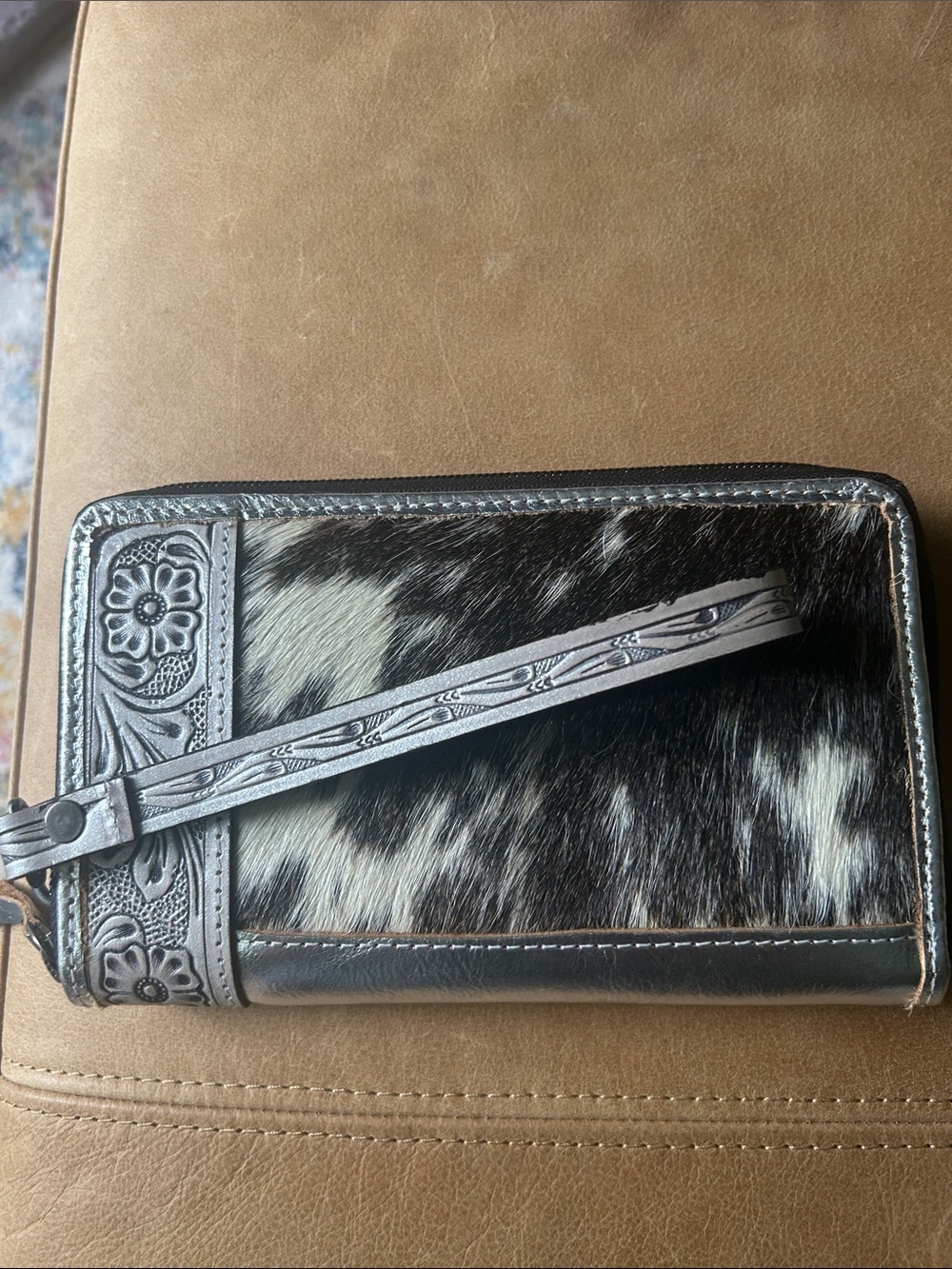 Black & White cowhide tooled Leather silver Wristlet Wallet